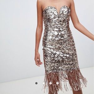 TFNC sequin bandeau midi dress with fringe hem in gold.       Brand New size 10.
